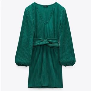 NWT ZARA Pleated Knotted Dress Dark Green Size S